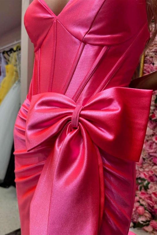 Robe de bal sirène en satin à bretelles spaghetti et col en V avec nœud ED01506
