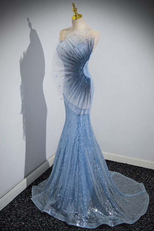 Blue Mermaid Sequin Sheer Straps Scalloped Long Prom Dress ED01509