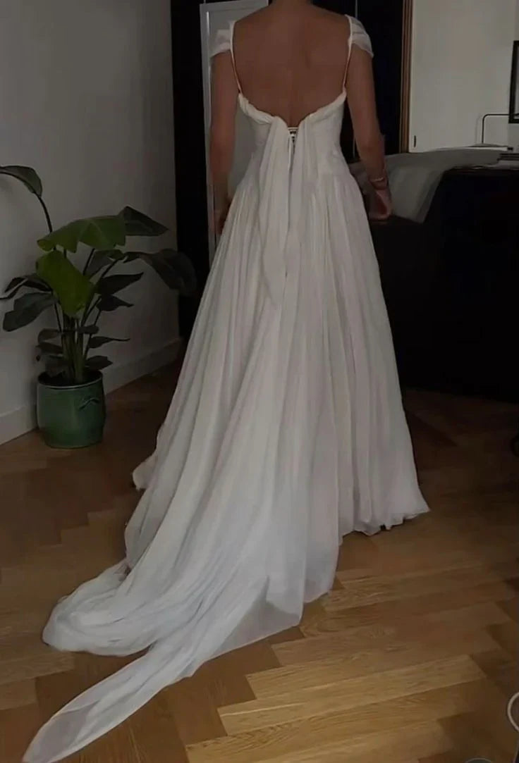 White A-Line  Chiffon Backless Long Prom Dress Low-cut neckline Wedding Dress