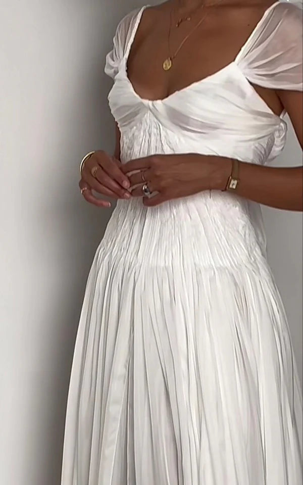 White A-Line  Chiffon Backless Long Prom Dress Low-cut neckline Wedding Dress