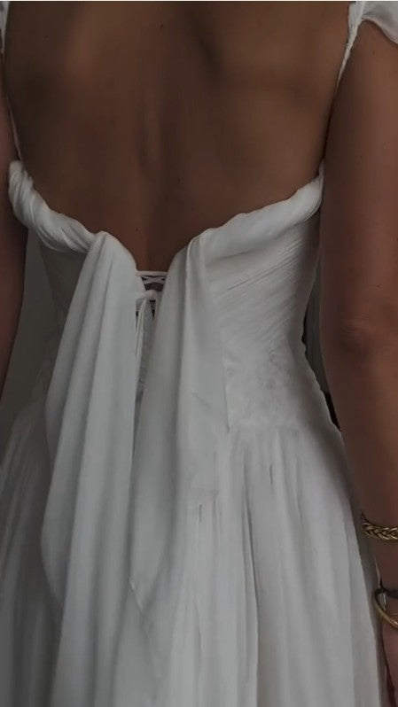 White A-Line  Chiffon Backless Long Prom Dress Low-cut neckline Wedding Dress