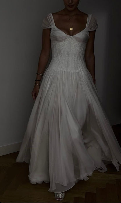 Robe de bal longue blanche élégante coupe trapèze, robe de mariée en mousseline de soie ED01511