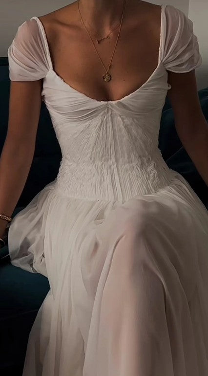 White A-Line  Chiffon Backless Long Prom Dress Low-cut neckline Wedding Dress
