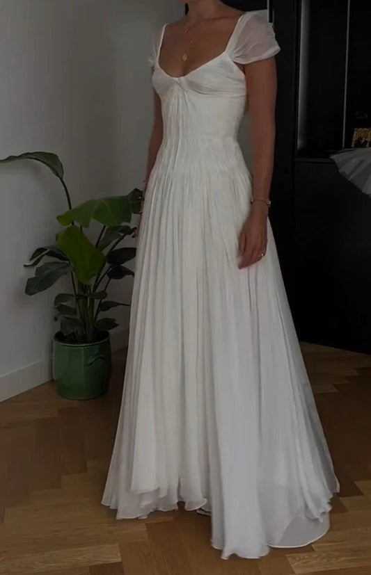 White A-Line  Chiffon Backless Long Prom Dress Low-cut neckline Wedding Dress