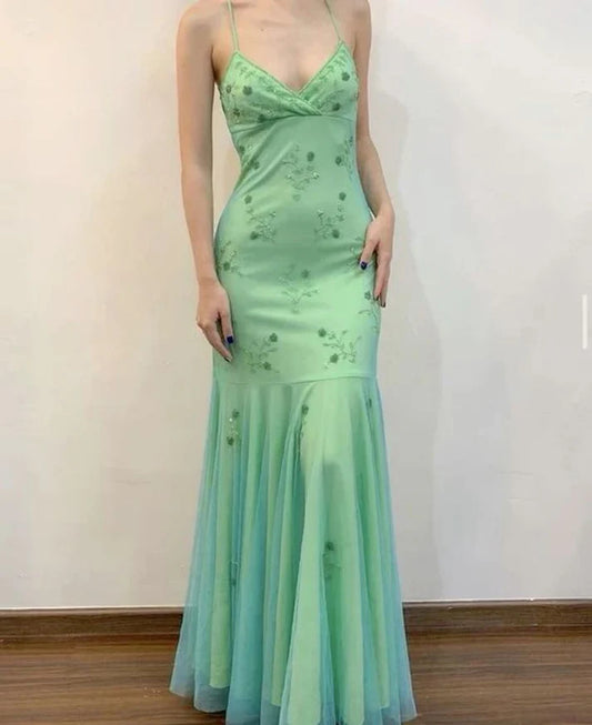 Robe de bal longue vert menthe sirène à bretelles spaghetti ED01513