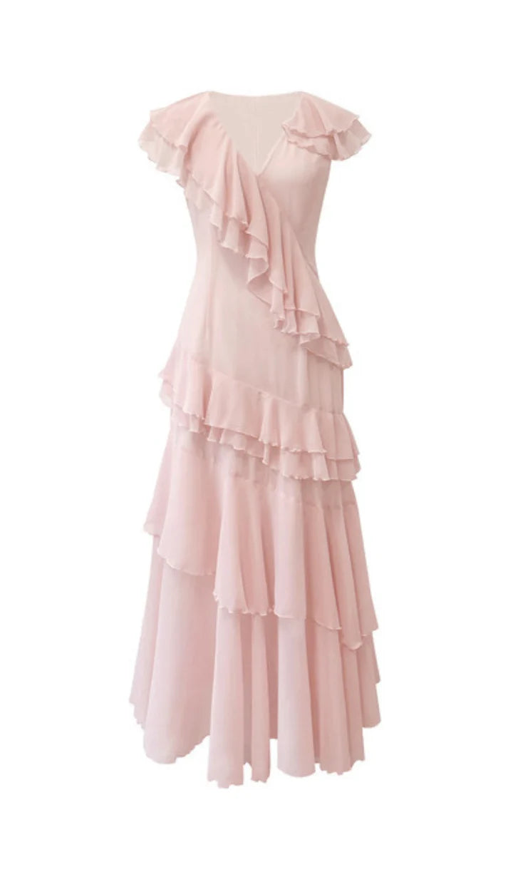 Pink V-Neck Chiffon Pleated Sleeveless Back Zippered Long Prom Dress Beautiful Party Dress ED01514