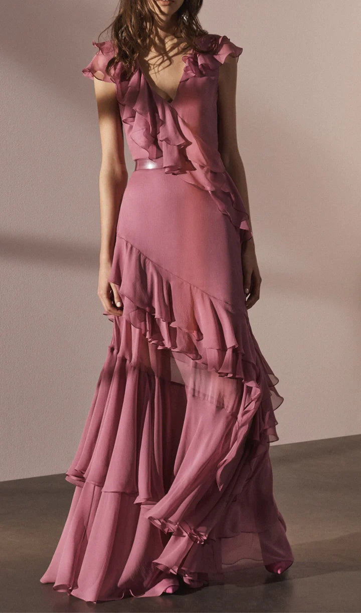 Pink V-Neck Chiffon Pleated Sleeveless Back Zippered Long Prom Dress Beautiful Party Dress ED01514