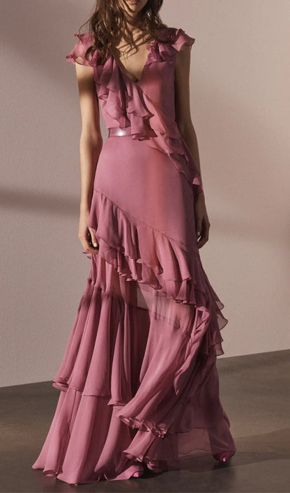 Pink V-Neck Chiffon Pleated Sleeveless Back Zippered Long Prom Dress Beautiful Party Dress ED01514