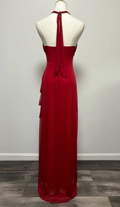 Burgunderrotes A-Linien-Neckholder-Chiffon-Ballkleid mit V-Ausschnitt und rückenfreiem Rücken, Brautjungfernkleid mit Knöchellänge ED01515