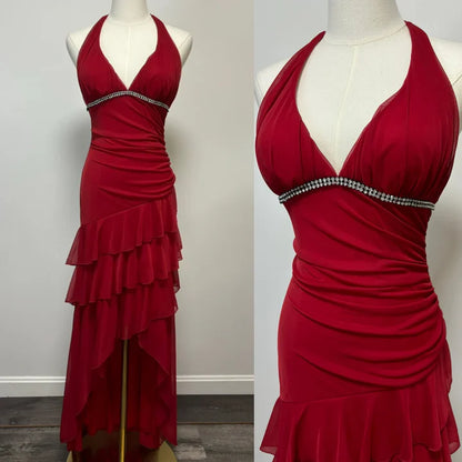 Burgunderrotes A-Linien-Neckholder-Chiffon-Ballkleid mit V-Ausschnitt und rückenfreiem Rücken, Brautjungfernkleid mit Knöchellänge ED01515