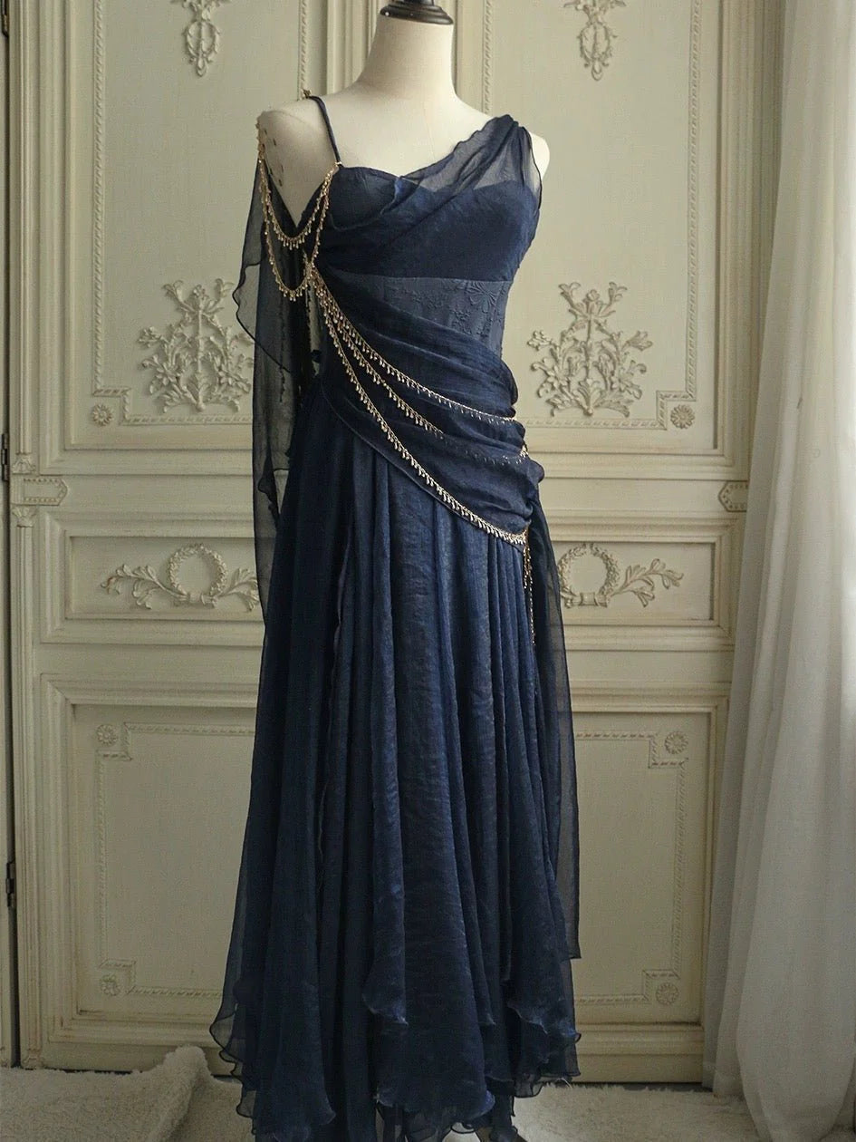 Spaghetti Strap Navy Chiffon Zipper or Tie Ball Dress with Diamonds