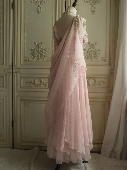 Spaghetti Strap Pink Chiffon Zipper or Tie Ballgown Dress with PearlsBirthday&amp;Quinceanera