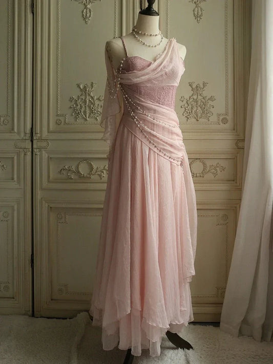 Spaghetti Strap Pink Chiffon Zipper or Tie Ballgown Dress with Pearls