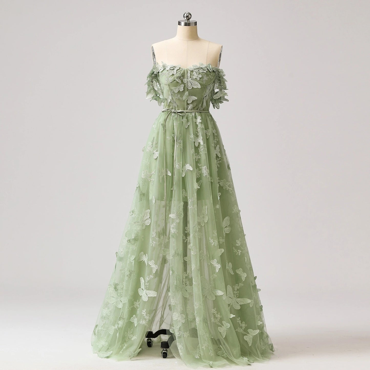 Sage Green A-Line Tulle Spaghetti Straps 3D Butterfly Long Prom Dress Sweet Adult Graduation Prom Dress  ED01518