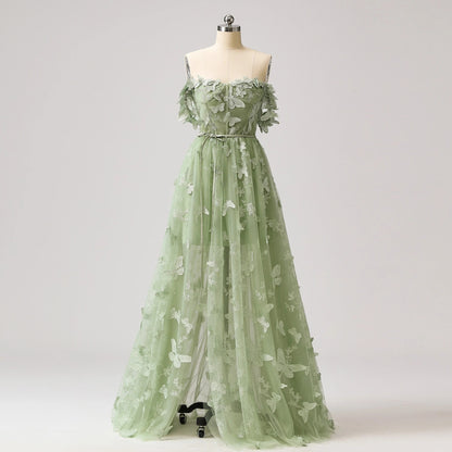 Sage Green A-Line Tulle Spaghetti Straps 3D Butterfly Long Prom Dress Sweet Adult Graduation Prom Dress  ED01518