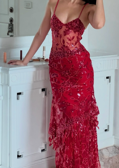 Red Mermaid Spaghetti Straps Tulle Lace Long Prom Dress Sexy Birthday Dress  ED01519