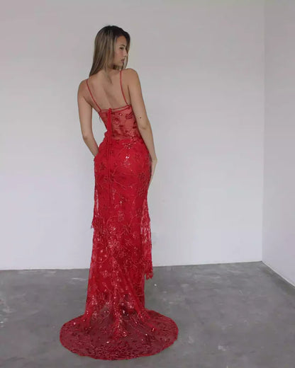 Red Mermaid Spaghetti Straps Tulle Lace Long Prom Dress Sexy Birthday Dress  ED01519
