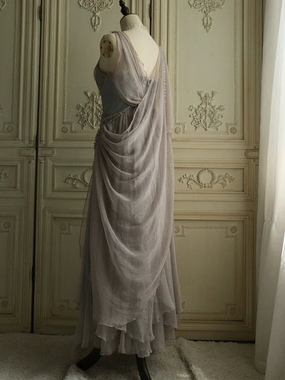 Spaghetti Strap Grey Chiffon Zipper or Tie Ballgown Dress with Pearls