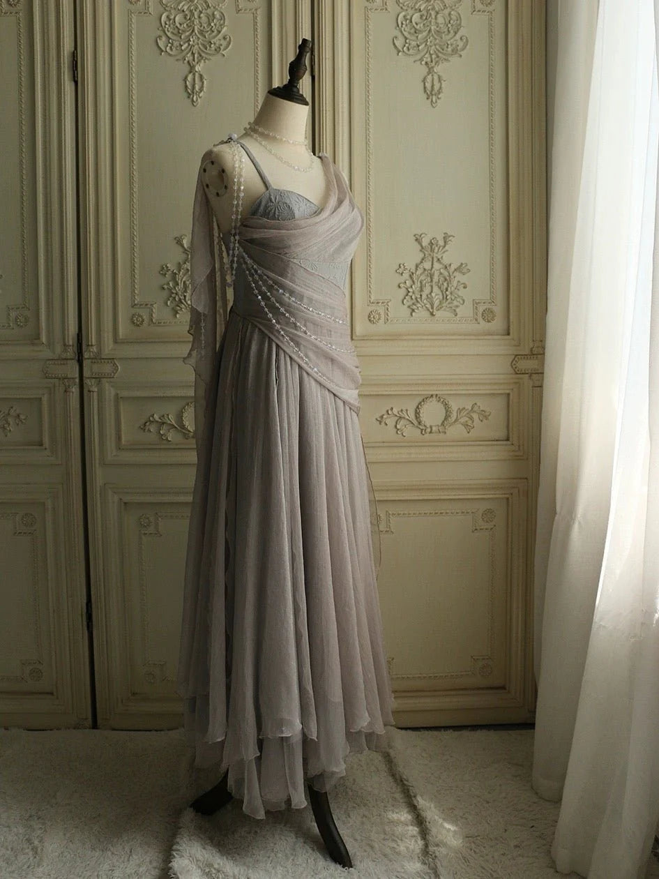 Spaghetti Strap Grey Chiffon Zipper or Tie Ballgown Dress with Pearls