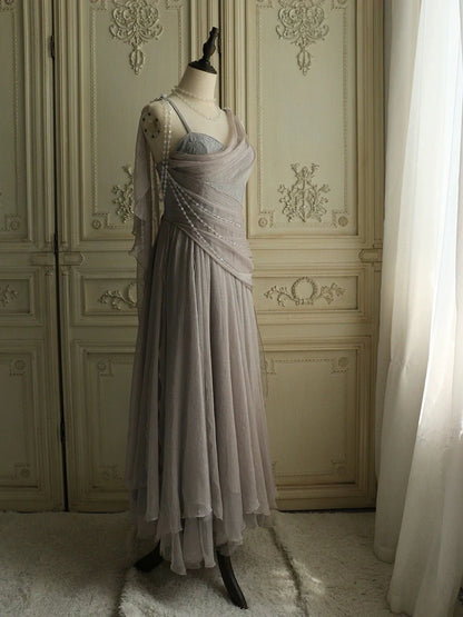 Spaghetti Strap Grey Chiffon Zipper or Tie Ballgown Dress with Pearls