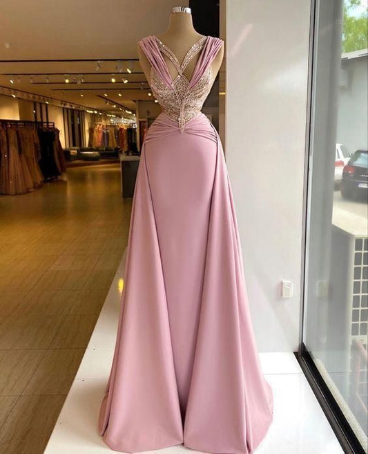 Robe de bal longue en satin rose à col en V et dentelle ED01521