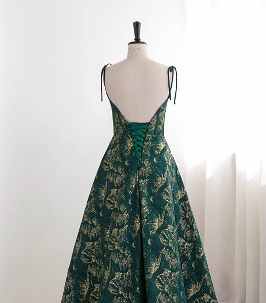 Dark Green A-line Spaghetti Strap Satin Long Prom Dress Sweetheart Neckline Retro Bridal Dress  ED01523