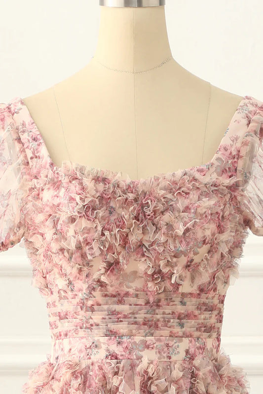 Robe de bal longue rose trapèze en tulle plissé à fleurs, tenue de cérémonie pour adultes, de remise de diplôme, ED01533