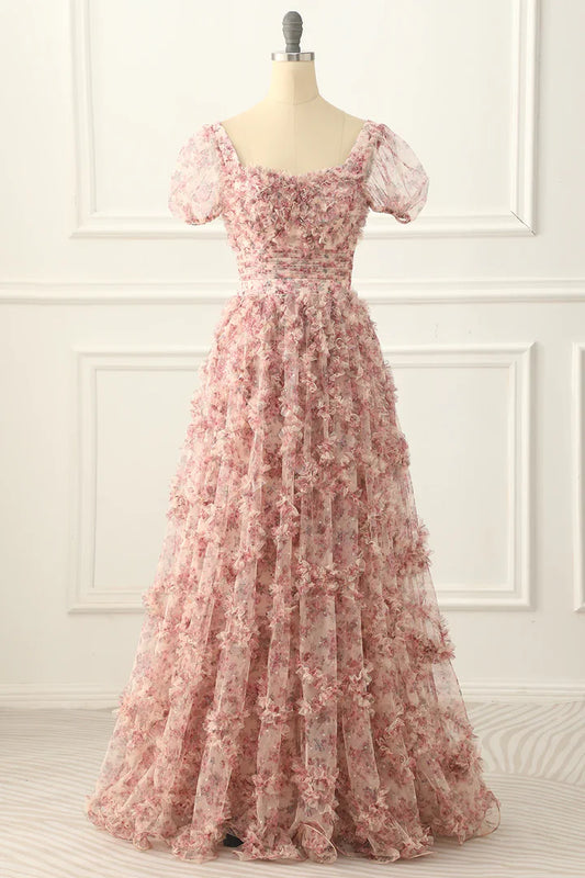 Robe de bal longue rose trapèze en tulle plissé à fleurs, tenue de cérémonie pour adultes, de remise de diplôme, ED01533