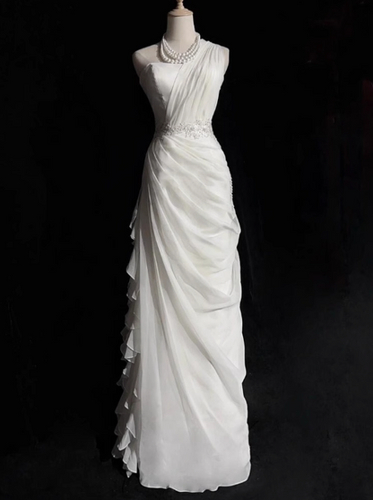 Weißes, figurbetontes, langes Ballkleid aus Satintüll, schlichtes Brautkleid ED01535