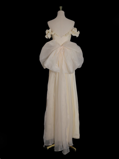 Hellgelbes A-Linien-Satin-Off-Shoulder-Tüll-Langballkleid Abschlussballkleid Hochzeitskleid ED01536