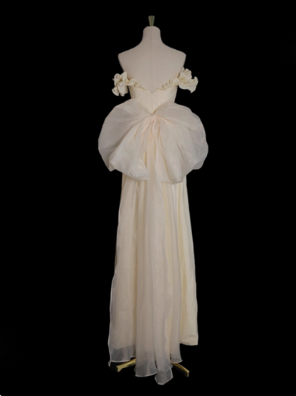 Hellgelbes A-Linien-Satin-Off-Shoulder-Tüll-Langballkleid Abschlussballkleid Hochzeitskleid ED01536