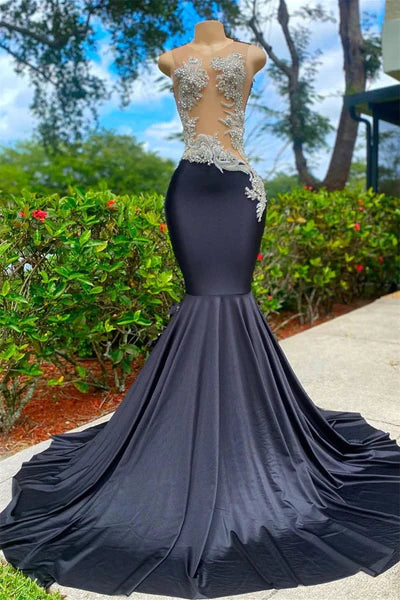 Robe de bal longue noire style sirène à col en V et paillettes en dentelle appliquée ED01537