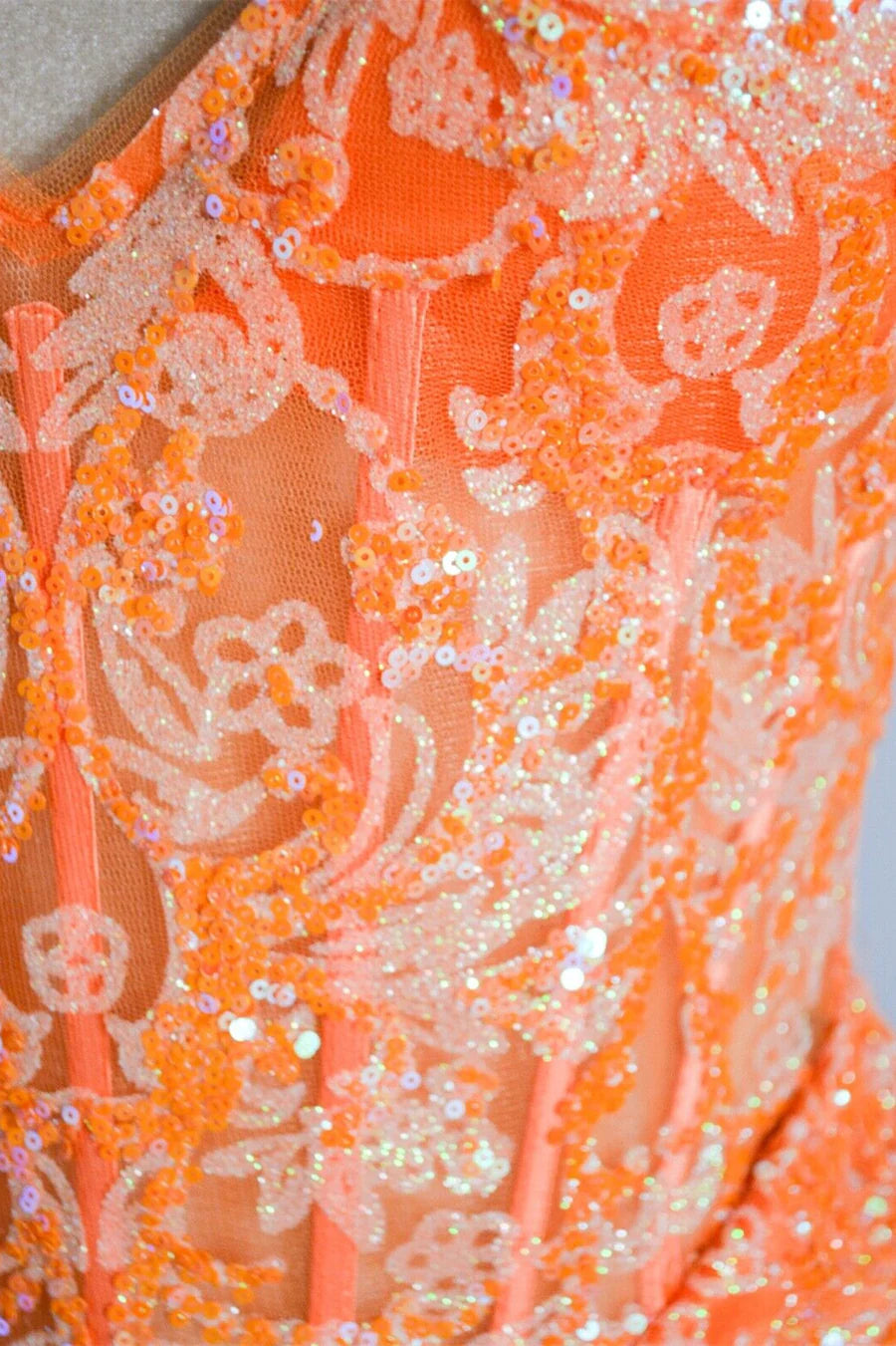 Orange Mermaid Spaghetti Straps Sequins Applique Long Prom Dress Tulle Evening Dress ED01539