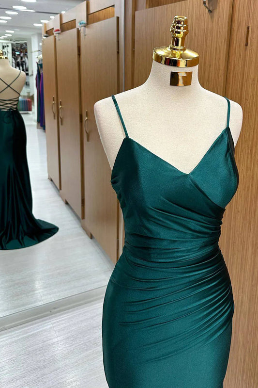 Robe de bal longue en satin vert foncé à bretelles spaghetti et à coupe sirène ED01542