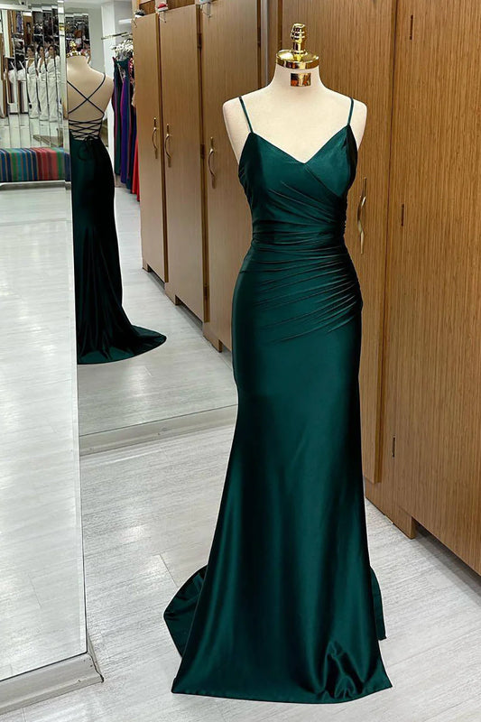 Robe de bal longue en satin vert foncé à bretelles spaghetti et à coupe sirène ED01542