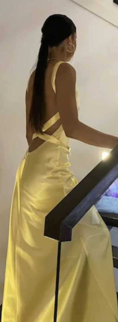 Simple Mermaid V Neck Yellow Backless Long Prom Dress ED01547