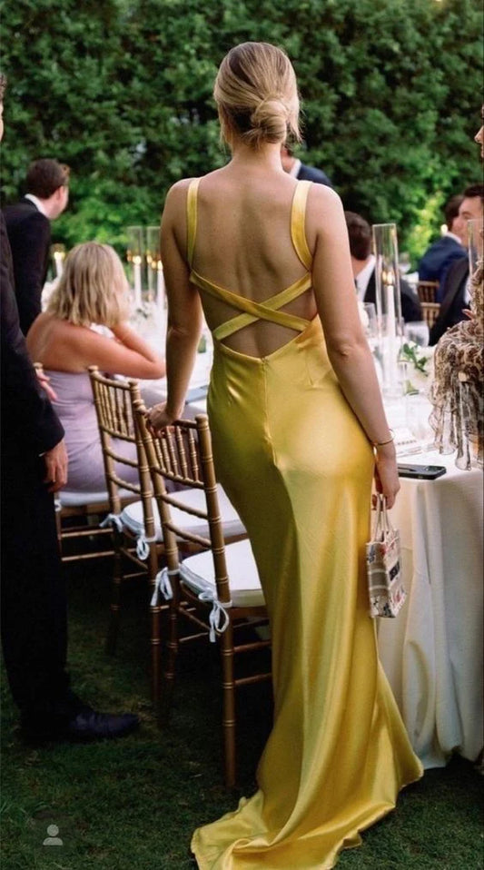 Robe de bal longue jaune simple à col en V et dos nu, style sirène ED01547