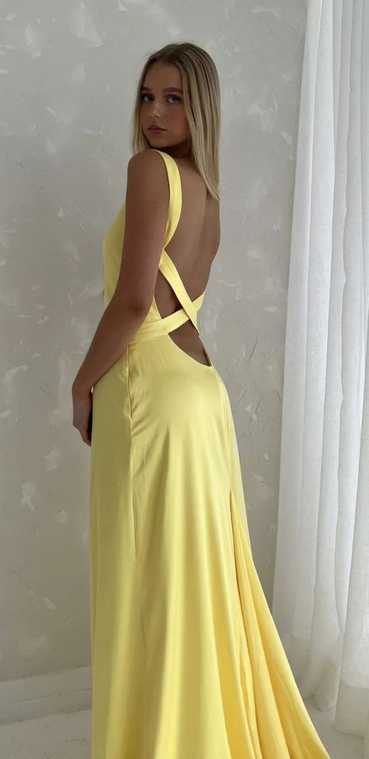 Robe de bal longue jaune simple à col en V et dos nu, style sirène ED01547