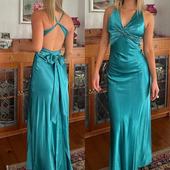 Simple  💛A-Line Long Prom Dress for Party&amp;Birthday-V Neck Satin Beautiful Backless Formal Evening Dress