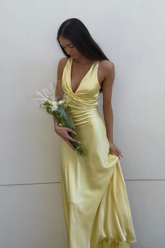 Simple Yellow 💛A-Line Long Prom Dress for Party&amp;Birthday-V Neck Satin Beautiful Backless Formal Evening Dress