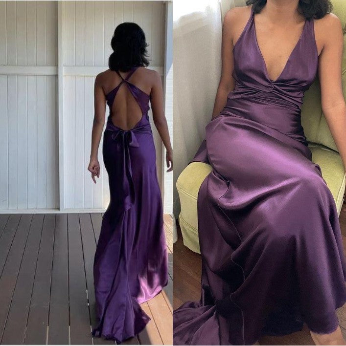 Simple  💛A-Line Long Prom Dress for Party&amp;Birthday-V Neck Satin Beautiful Backless Formal Evening Dress