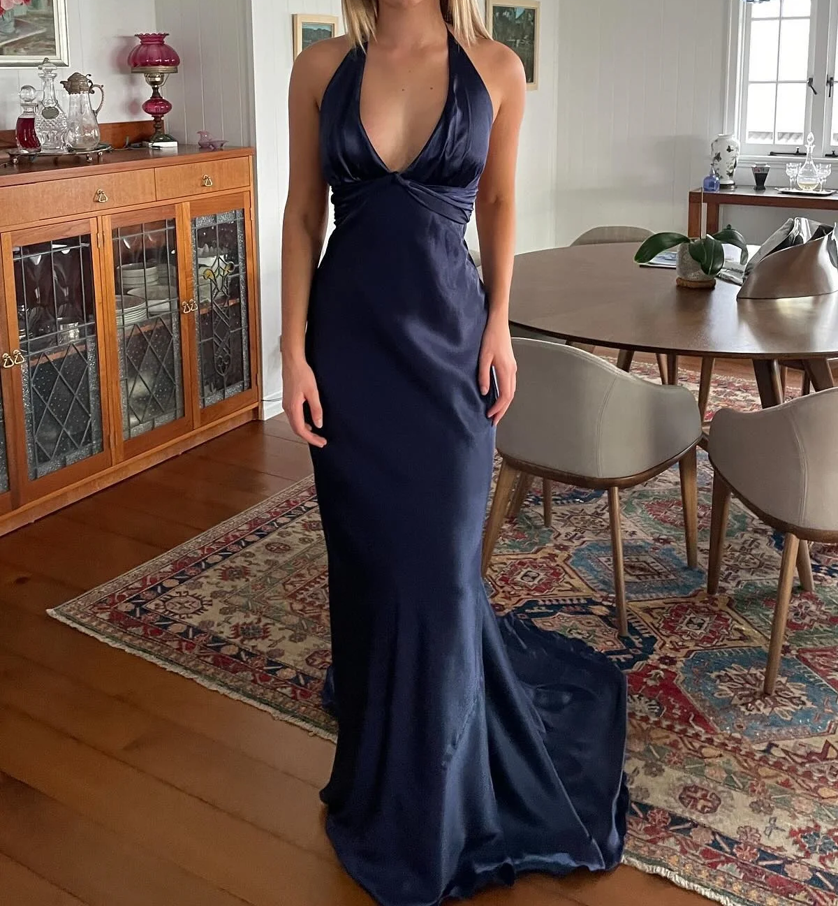 Simple  💛A-Line Long Prom Dress for Party&amp;Birthday-V Neck Satin Beautiful Backless Formal Evening Dress