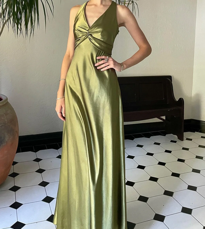 Simple  💛A-Line Long Prom Dress for Party&amp;Birthday-V Neck Satin Beautiful Backless Formal Evening Dress