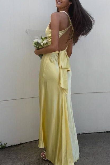Simple  💛A-Line Long Prom Dress for Party&amp;Birthday-V Neck Satin Beautiful Backless Formal Evening Dress