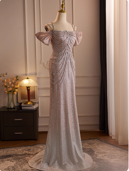 Spaghetti Straps Mermaid Beading Satin Long Prom Dress Rhinestone Formal Evening Dress ED01550