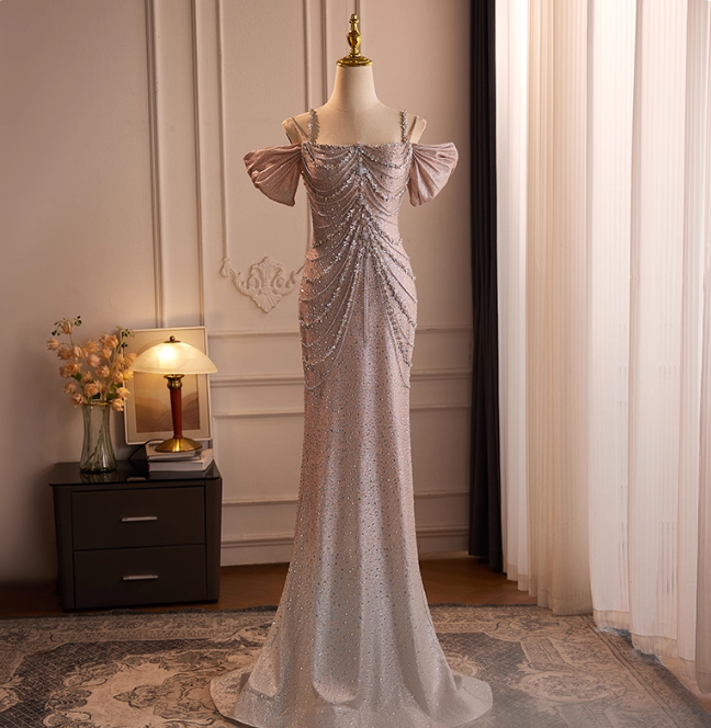 Spaghetti Straps Mermaid Beading Satin Long Prom Dress Rhinestone Formal Evening Dress ED01550