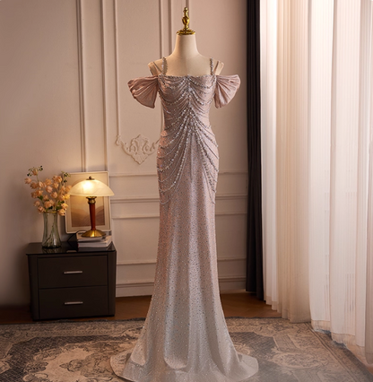 Spaghetti Straps Mermaid Beading Satin Long Prom Dress Rhinestone Formal Evening Dress ED01550