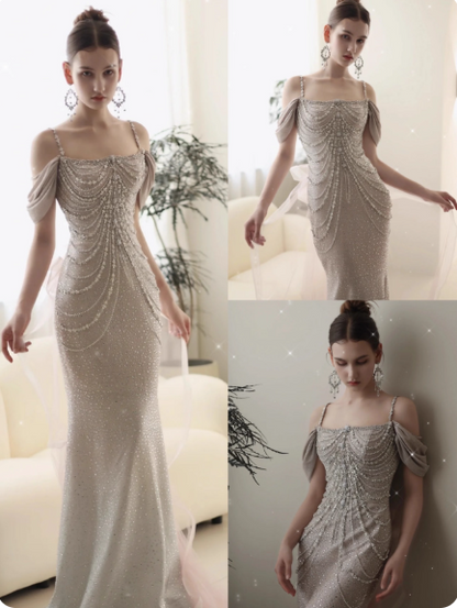 Spaghetti Straps Mermaid Beading Satin Long Prom Dress Rhinestone Formal Evening Dress ED01550