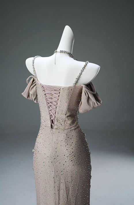 Spaghetti Straps Mermaid Beading Satin Long Prom Dress Rhinestone Formal Evening Dress ED01550