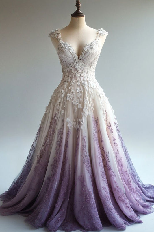 A-line Straps Tulle Beaded Long Prom Dress Applique Sweetheart Neck Evening Gown